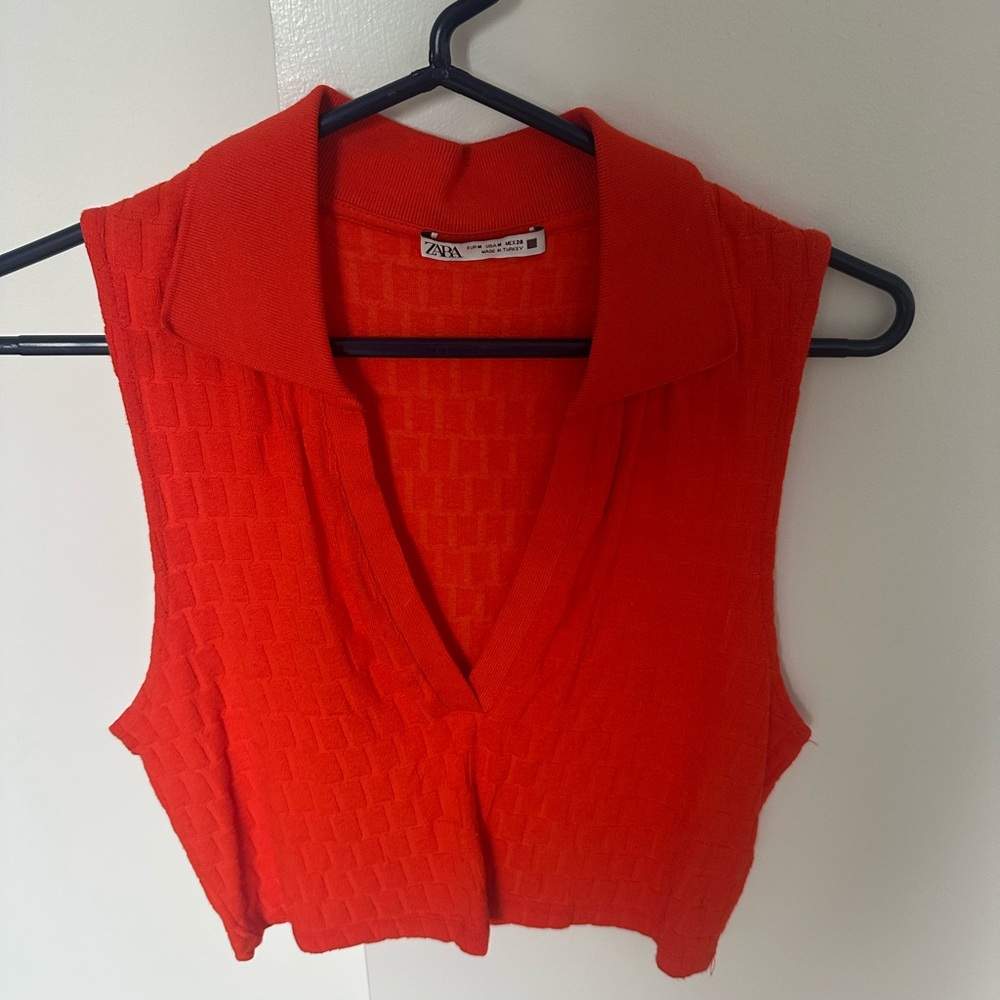 Zara Red Ribbed Crop Tank Top with Notched Collar